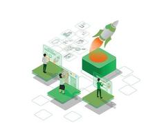 Business launching isometric style illustration with rocket launch vector