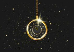 Realistic hanging vintage clock with stars on the black background. Gold 3D clock hanging with chain. Illustration of time. Time traveler, the universe, the fourth dimension. vector