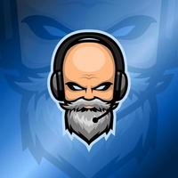 Old beard man Esport logo with a headset in glossy deep ocean blue gradient background. Whitebeard bald man logo. Suitable for gaming squad or clan logo vector