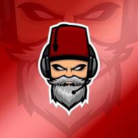 viejo logo de barba hombre esport con auriculares y sombrero rojo fez en el fondo degradado rojo brillante. logotipo del hombre de barba blanca. adecuado para el escuadrón de juegos o el logotipo del clan vector