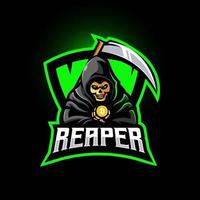 Grim reaper holding crypto coins and carries a sickle mascot logo design illustration vector