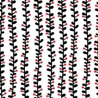 Vertical lash branches with leaves and red berries vector seamless pattern. Floral botanical texture hand drawn style for textile, fabric, wrapper, wallpaper.