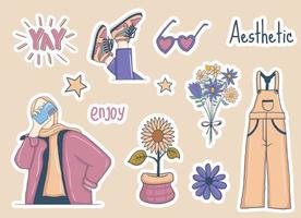 Colorful Hand drawn aesthetic stickers collection vector