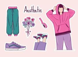 Colorful Hand drawn aesthetic stickers collection vector
