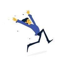 Illustration of a cheerful man running. Vector. Cartoon flat style. Character businessman in a blue sweatshirt. Fitness, sport. Mascot for a company or store. Hands up, joy. A meeting. vector