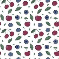 Vector seamless pattern with berries and leaves. Cherries and blueberries
