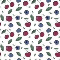 Vector seamless pattern with berries and leaves. Cherries and blueberries