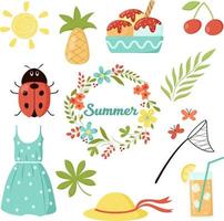 Vector summer set. Dress, flowers, fruits