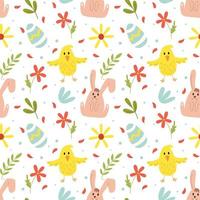 Vector seamless Easter pattern with bunny, chicken, easter egg and flowers on a white background. Spring