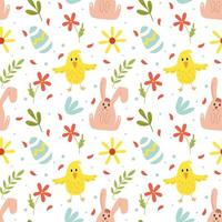 Vector seamless Easter pattern with bunny, chicken, easter egg and flowers on a white background. Spring