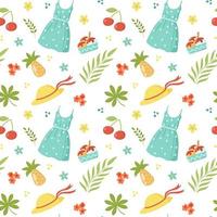 Vector seamless summer pattern. Dress, flowers, fruits