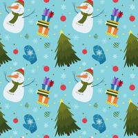 patrón de navidad muñeco de nieve, copos de nieve, bolas, regalos, árbol, mitones sobre un fondo azul vector