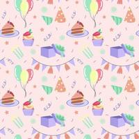 Vector birthday seamless pattern. Gift, balloons, cake, garland