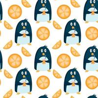 Pattern with penguin and oranges on a blue background vector