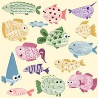 Set with colorful fish on a yellow background vector