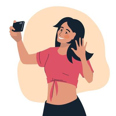 People with phone. A woman takes a selfie on the phone. The girl says hello via video link. Vector image.