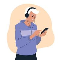 People with phone. A man calls on the phone, the guy listens to music on the phone through headphones. Vector image.