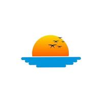 Template logo sunset in the sea with flying bird vector