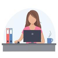 la chica está sentada en la mesa y trabajando en una computadora portátil vector