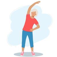 Elderly woman in sports clothes does exercises. Retired grandmother, a pension and a healthy lifestyle vector