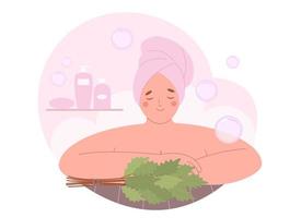 mujer con toalla de baño en la sauna de vapor caliente. relajación y bienestar en baño, sauna o centro de spa vector
