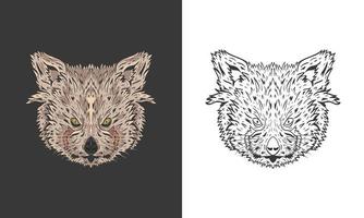 Illustration of red panda's head. Hand-drawn  of a red panda on a black background. Red panda's head outline black and white vector