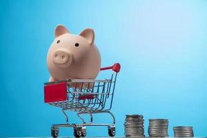 Shopping cart with coins money and white piggy bank. investment business sale and purchase. save and pay concept photo