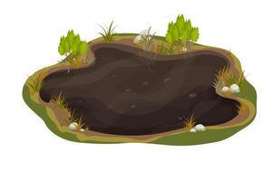 Dirty mud puddle, swamp with stone, grass in cartoon style isolated on white background. Natural wet soil, forest pond, lake clip art. . Vector illustration