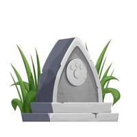 Pet gravestone, animal funeral with foot print decorated with grass in cartoon style isolated on white background. . Vector illustration
