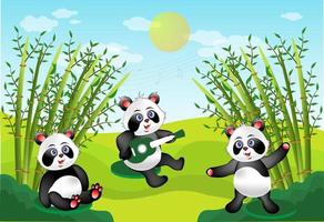 Cartoon panda playing guitar on green hill illustration vector