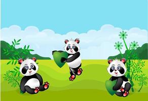 panda de dibujos animados jugando en el fondo de la colina verde vector