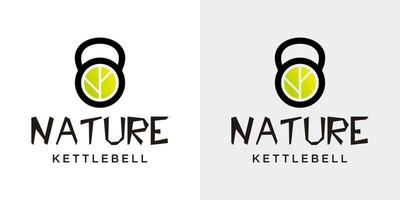 Kettlebell y diseño de logotipo de hoja sobre fondo gris y blanco. vector