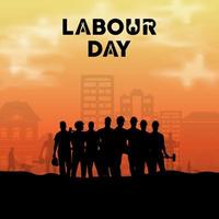 celebración del día internacional de los trabajadores con fondo de puesta de sol. feliz fondo del día del trabajo con la silueta de los trabajadores. vector