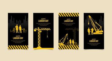 International Labour day design Stories Collection. Labour day template stories suitable for promotion, marketing etc. International Labour day background with silhouette of tower crane and machine. vector