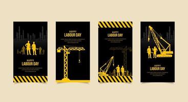 colección de historias de diseño del día internacional del trabajo. historias de plantillas del día del trabajo adecuadas para promoción, marketing, etc. fondo del día internacional del trabajo con silueta de grúa torre y máquina. vector