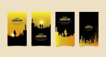 vector de feliz día del trabajo con silueta de trabajadores y fábrica. colección de historias de diseño del día internacional del trabajo. historias de plantillas del día del trabajo adecuadas para promoción, marketing, etc.