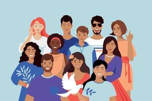 equipo multicultural, amigos. la paloma es un símbolo de paz. unidad en la diversidad. personas de diferentes nacionalidades. sociedad multinacional.