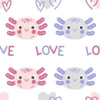 Hand drawn seamless pattern with axolotls faces and text LOVE. vector