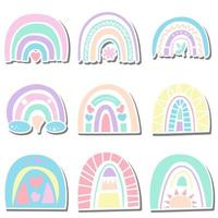 Nine Sweet Pastel Colorful Rainbow Doodle monochrome on white silhouette and gray shadow. Vector illustration about nature.