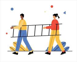 A man and a woman are carrying a ladder. Collaboration vector