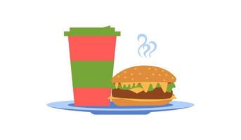 merienda con una hamburguesa, comida rápida. nutrición inadecuada. hamburguesa y cola, café o té vector