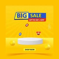 big sale discount banner with empty podium emoji icon showing social media social media post template on yellow background vector