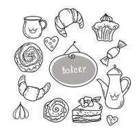 Hand drawn set of bakery and baking elements, doodle sketch style design. vector