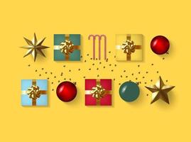 Christmas composition banner. Xmas design background with realistic gift box, glitter gold confetti, red ball decoration and candy. Top view horizontal poster with copy space. Flat lay greeting card. vector