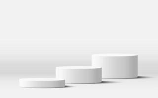Realistic white blank product podium 3 step scene isolated on white background. cylinder mock up scene. Stack of geometric round shape for product branding. 3d vector illustration background