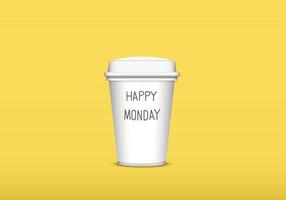 Realistic of white paper coffee cup with happy Monday text isolated on yellow background. mock up with copy space. Business hour. Office time. vector illustration