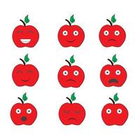 conjunto de 9 lindos emoticonos planos modernos de manzana roja de dibujos animados con diferentes emociones. vector