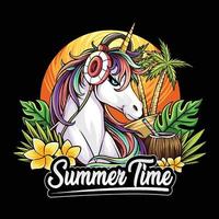 unicornio de verano entre flores escuchando música con auriculares