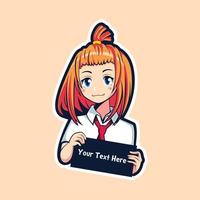 Anime girl holding sign in school uniform logo illustration vector