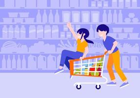 un par de jóvenes se divierten en el supermercado llevando a una chica en un carrito de compras por una ilustración de caricatura plana de hombre
